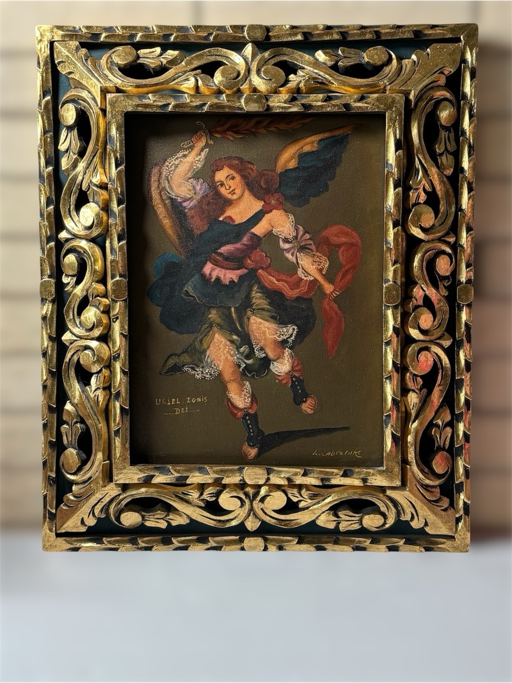 Vintage Cusco School Archangel Uriel Heavy Hand Carved Gold Frame